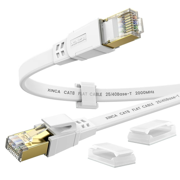 XINCA Cat8 Ethernet Cable Extra Long lnternet Network Flat Cable 50ft White with 30 Clips Rj45 Connectors transfer speed40 Gbps 2000MHz Connector for modems routers Computers high Speed Cable Distri