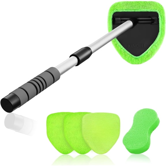 XINDELL Windshield Cleaner Tool – Car Interior Window Cleaning Kit with Extendable Handle & 4 Microfiber Pads, Auto Washing Brush for Car, Trucks, SUVs, RVs & Home Windows