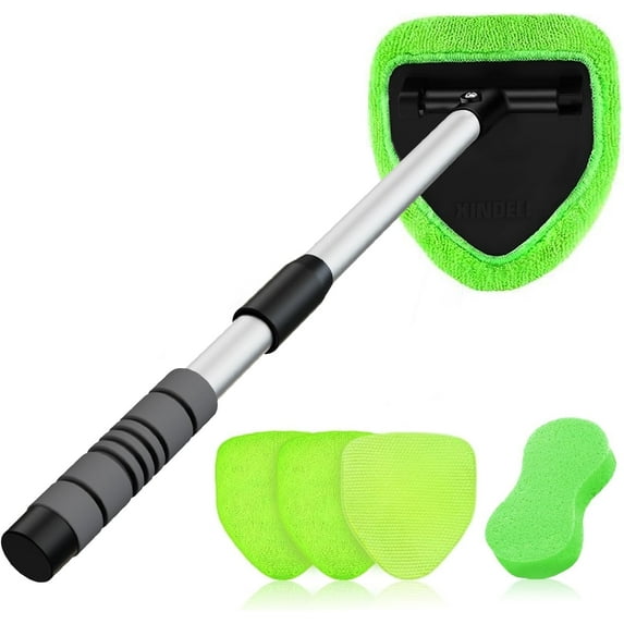 XINDELL Windshield Cleaner Tool – Car Interior Window Cleaning Kit with Extendable Handle & 4 Microfiber Pads, Auto Wiper Inside Windshield Brush for Car & Home Windows