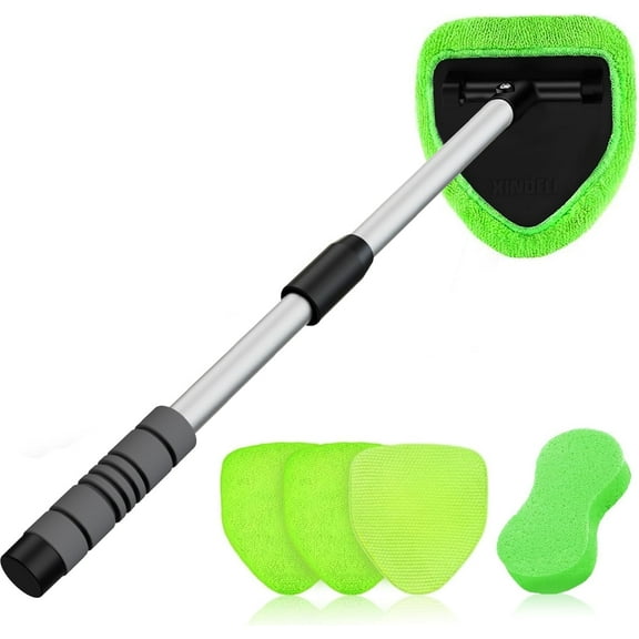 XINDELL Windshield Cleaner Tool – Upgrade Large Head Car Interior&Exterior Window Cleaning Kit with Extendable Handle & 4 Microfiber Pads, Auto Wiper Brush for Car, Trucks, SUVs, RVs & Home Windows