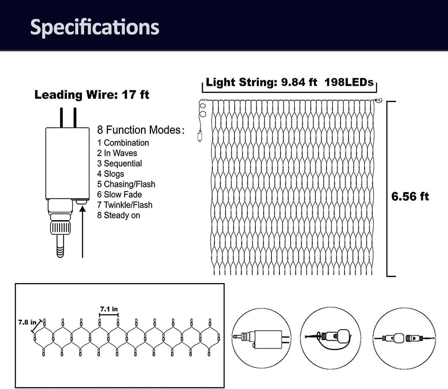 XINDUO-198 LED 9.8ft x 6.6ft Christmas Net Lights, Connectable 8 ...