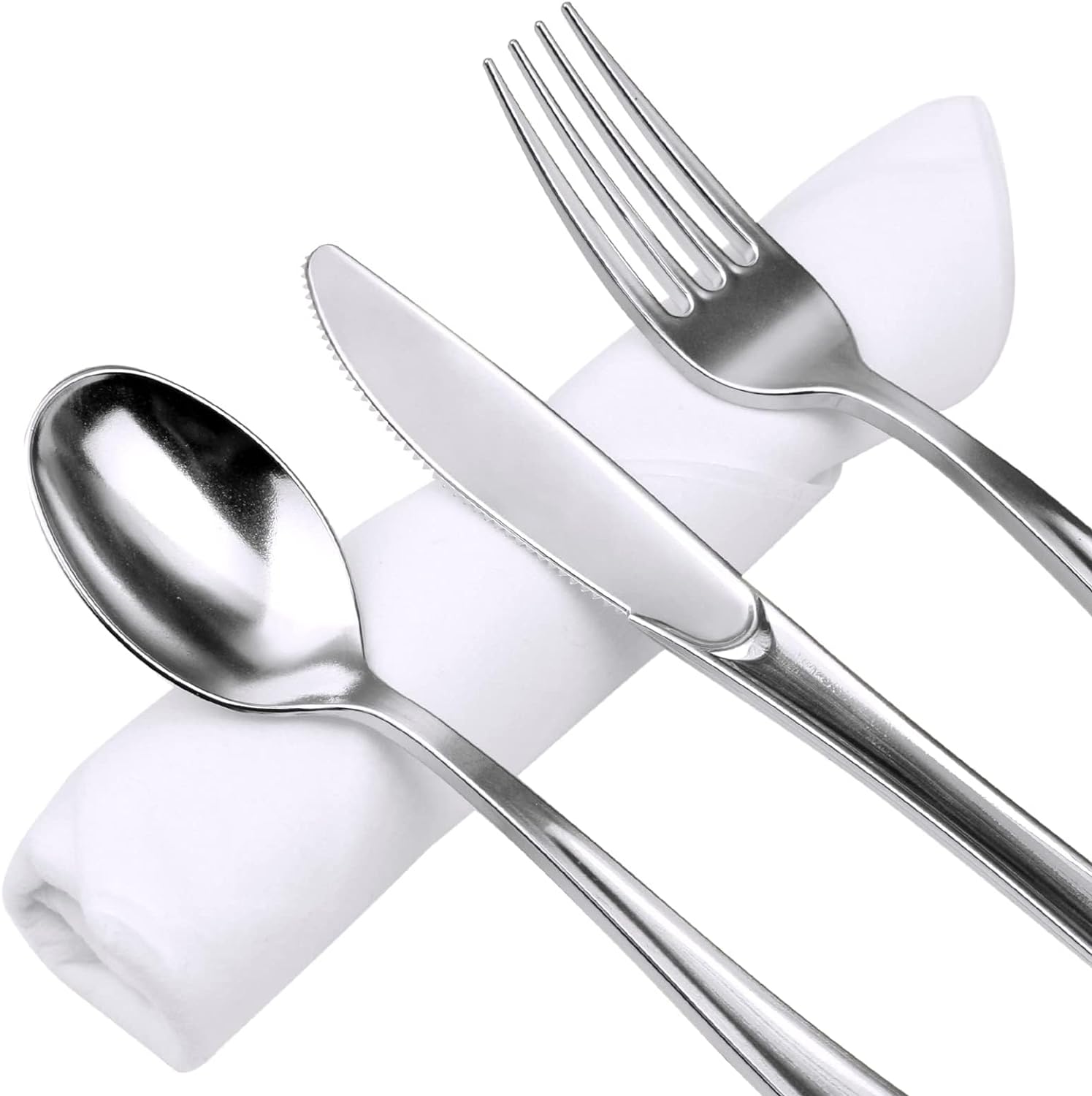 XINDUO-60 Pack Silver Plastic Silverware Set with Pre Rolled Napkins ...