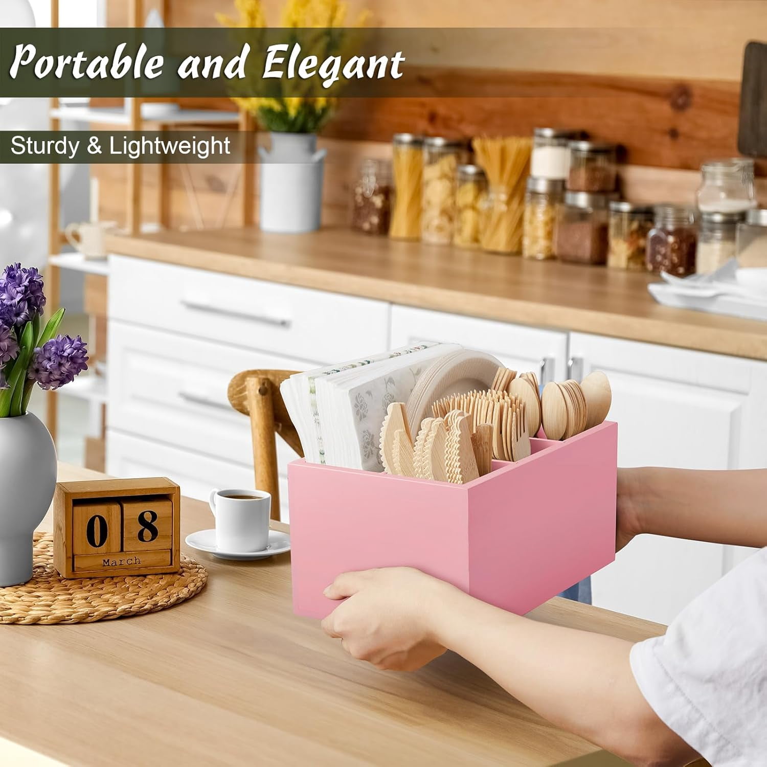 XINDUO-Utensil Holder, Wooden Silverware Caddy, Picnic Cutlery ...