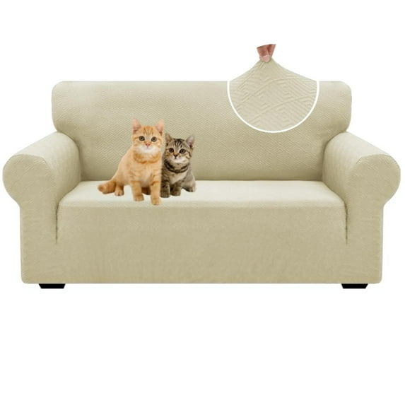 XINEAGE New 1 Piece Couch Covers for 2 Cushion (55"-69") Stretch Loveseat Sofa Cover Slipcover Jacquard Universal Furniture Protector with Elastic Bottom for Kids,Dog (Medium, Light Beige) C104