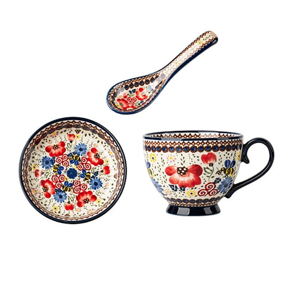 XINGAG Bohemian Ceramic Coffee Mug With Lid Spoon Hand Polish Style Large Cappuccino Mug Microwave Dishwasher Floral Mug For Home For