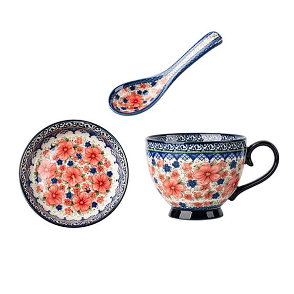 XINGAG Bohemian Ceramic Coffee Mug With Lid Spoon Hand Polish Style Large Cappuccino Mug Microwave Dishwasher Floral Mug For Home For