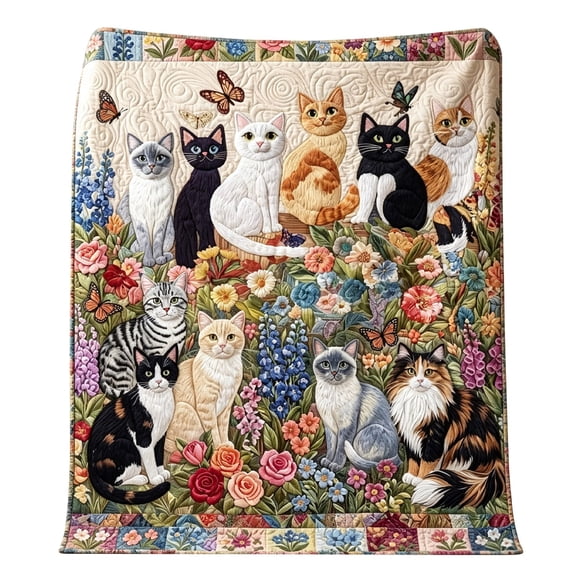 XINGAG Cute Cat Throw Blanket, Soft Quilt Blanket, Cozy Lightweight Decoration Blanket with Colorful Flower and Butterfly Pattern for Sofa Bed Couch, Home Decor, 59.1x78.74 inch