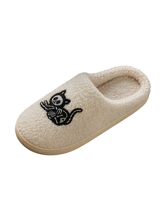 Halloween Slippers,Cartoon Black Skeleton Cat Closed Toe Comfort Slippers for Women Men, Cute Cozy Warm Indoor House Slippers for Autumn Winter