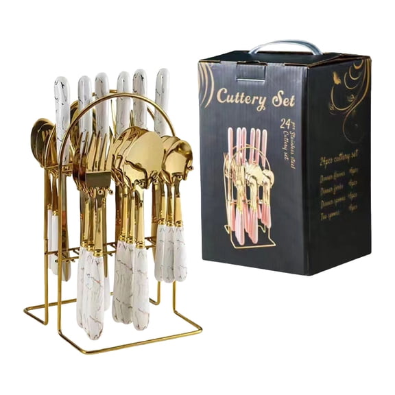 XINGAG Stainless Steel Flatware Set With Metal Storage Rack,Marble Pattern Handle,Gold Cutlery Set Knife Fork Spoon for Home Dining Party Gift Box