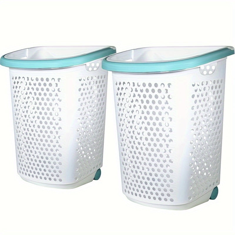 White Polypropylene Rolling Laundry Hamper with Pop-up Handle, 2 Pack