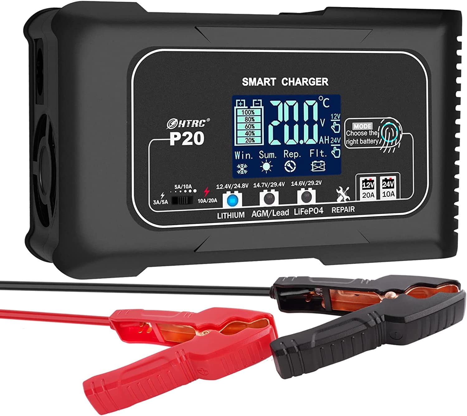 XINGJIU 20-Amp Smart Battery Charger,Lithium,LiFePO4,Lead-Acid(AGM/Gel/SLA..) Car Battery Charger,Trickle Charger, Maintainer/deep Cycle Charger,12V/20A and 24V/10A,for Boat,Motorcycle,Lawn Mower,Golf