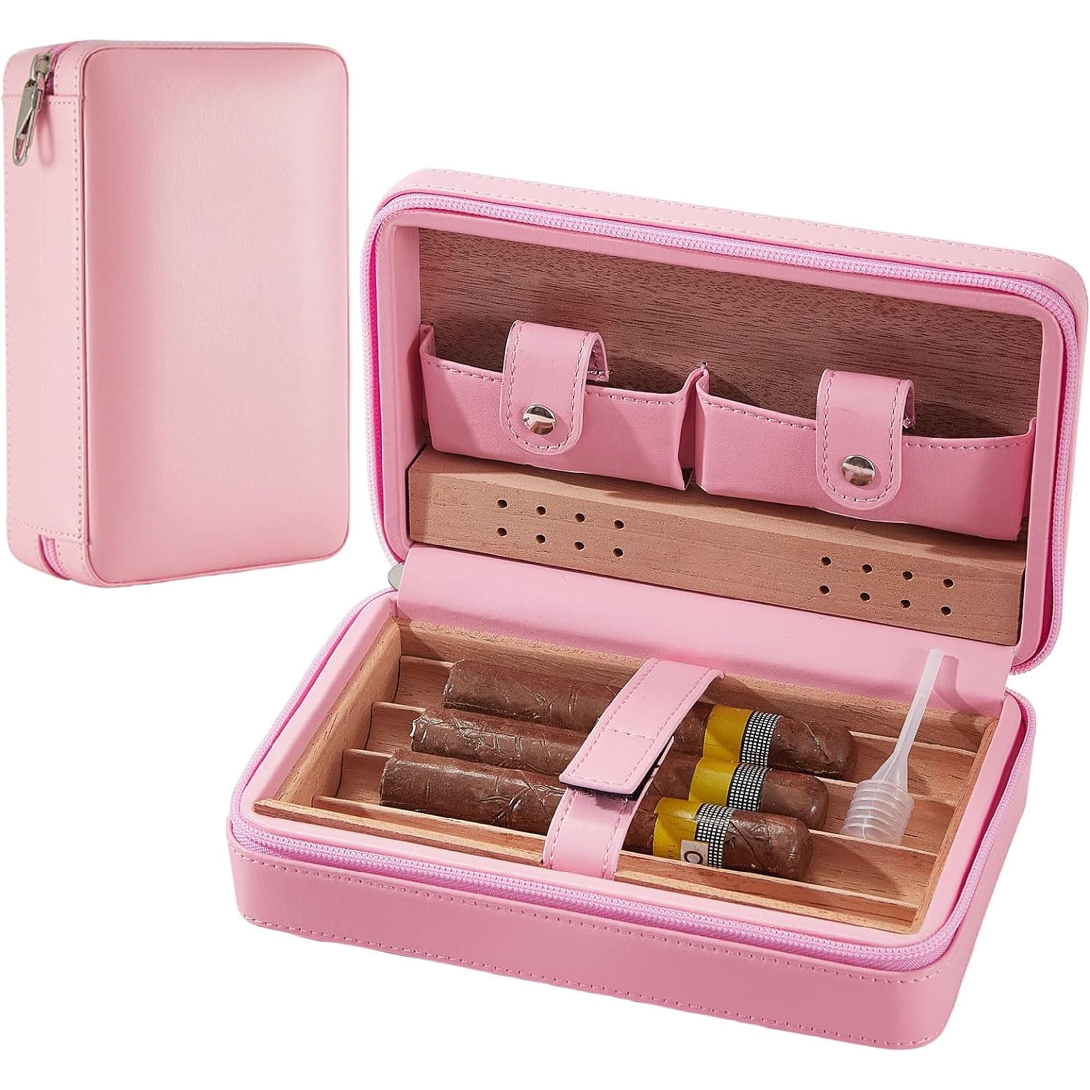 XINGJIU Women's Portable Cigar Humidor | Pink Leather Case Travel Cedar Wood Humidifier Leather Case Holder 4 Cigars