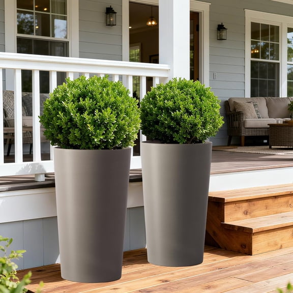 XINGNING Faux Rattan Tall Planter Urns Self Watering Pots with Water Monitor and Inner Bucket for Outdoor Patio Porch Garden Decor (LS + Brown + 2pcs/Carton)
