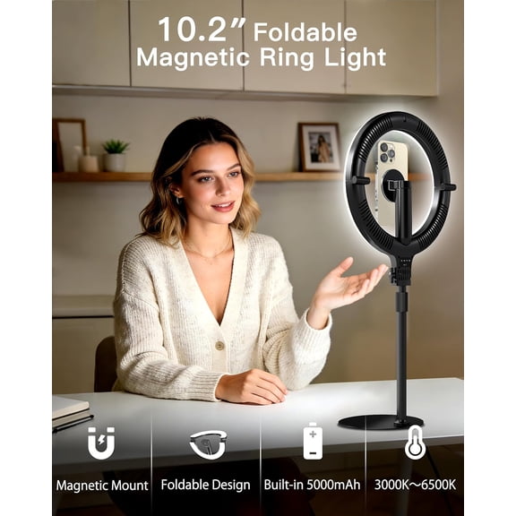 XINGTU 10.2 Magnetic Desk Ring Light with Stand, 5000mAh Rechargeable Desktop Ring Light for Phone3 Color Foldable Selfie Light for Live Stream/Makeup/TikTok/YouTube/Photography/Zoom/Vlogging