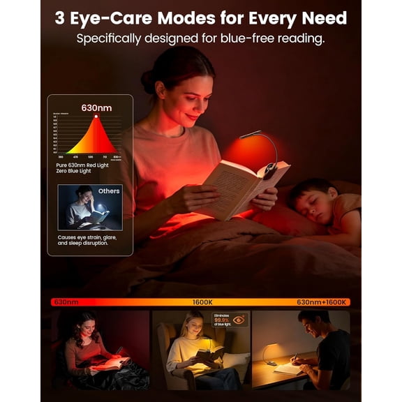 XINGTU 630nm Red Light Reading Light, 26 LED Zero Blue Light Book Lamp