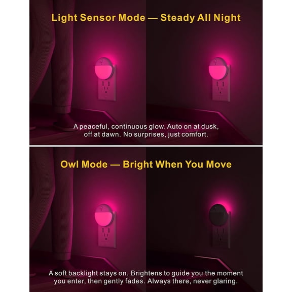 XINGTU Motion Sensor Night Lights Plug into Wall, 3 Modes, 2 Pack, Pink