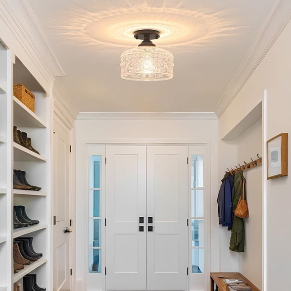 XINGTU Small Semi Flush Mount Ceiling Light Fixture, Vintage Matte Black Close to Ceiling Lighting with Etched Glass Shade for Hallway, Kitchen, Entryway (Retro Design, Easy Install)