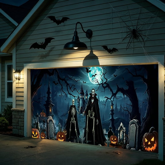 XINGXIANG - 13.12x 5.9ft Halloween Backdrop Horror Night Misty Town Pumpkin Latern Cottage Photography Background for Kids Adults Halloween Trick or Treat Party Decoration Family Portrait (Style A)