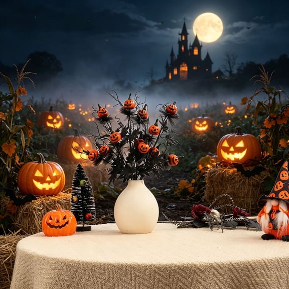 XINGXIANG - 19.7in Halloween Black Branch Jack O Floral Pick, Gothic Maple Leaf Fake Pumpkin Twig, Halloween Decorations Outdoor Front Porch Vase Ornament (A)
