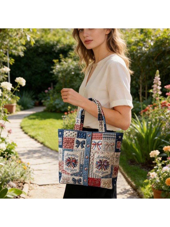 -1pc 4th of July Reusable Tote Bag, Red White Blue Canvas Shopping Bag, Patriotic Themed Tote for Groceries, Beach, Travel & Party (Blue-A)