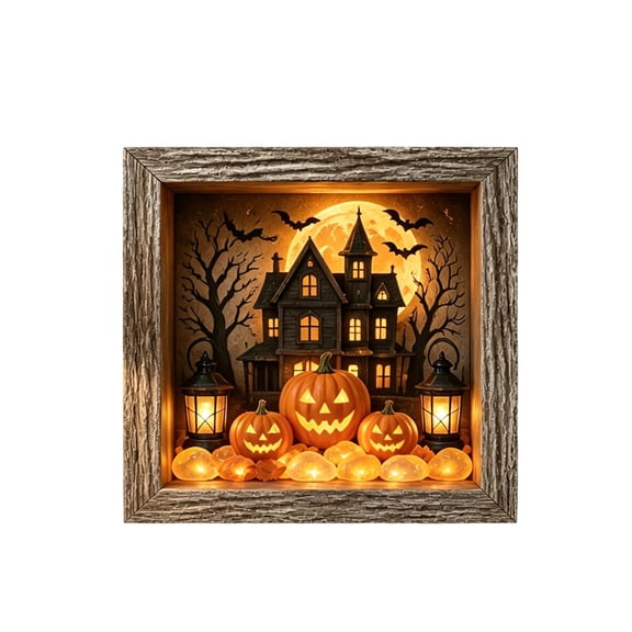 XINGXIANG - 21cm Square Illuminated Halloween Haunted House Shadow Box with Jack-O-Lantern Lanterns, Rustic Wood Frame Lighted Table Decor, Halloween Party Decor for Shelf Entryway Display (Style B)