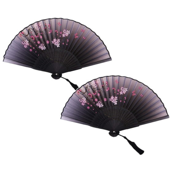 XINGXIANG 2PC Japanese Silk Folding Fan - Traditional Bamboo Hand Fan with Tassel for Performance, Dance, Decoration and Gift, 14.9 Inch Oriental Style Fan(Dark Purle2pc)