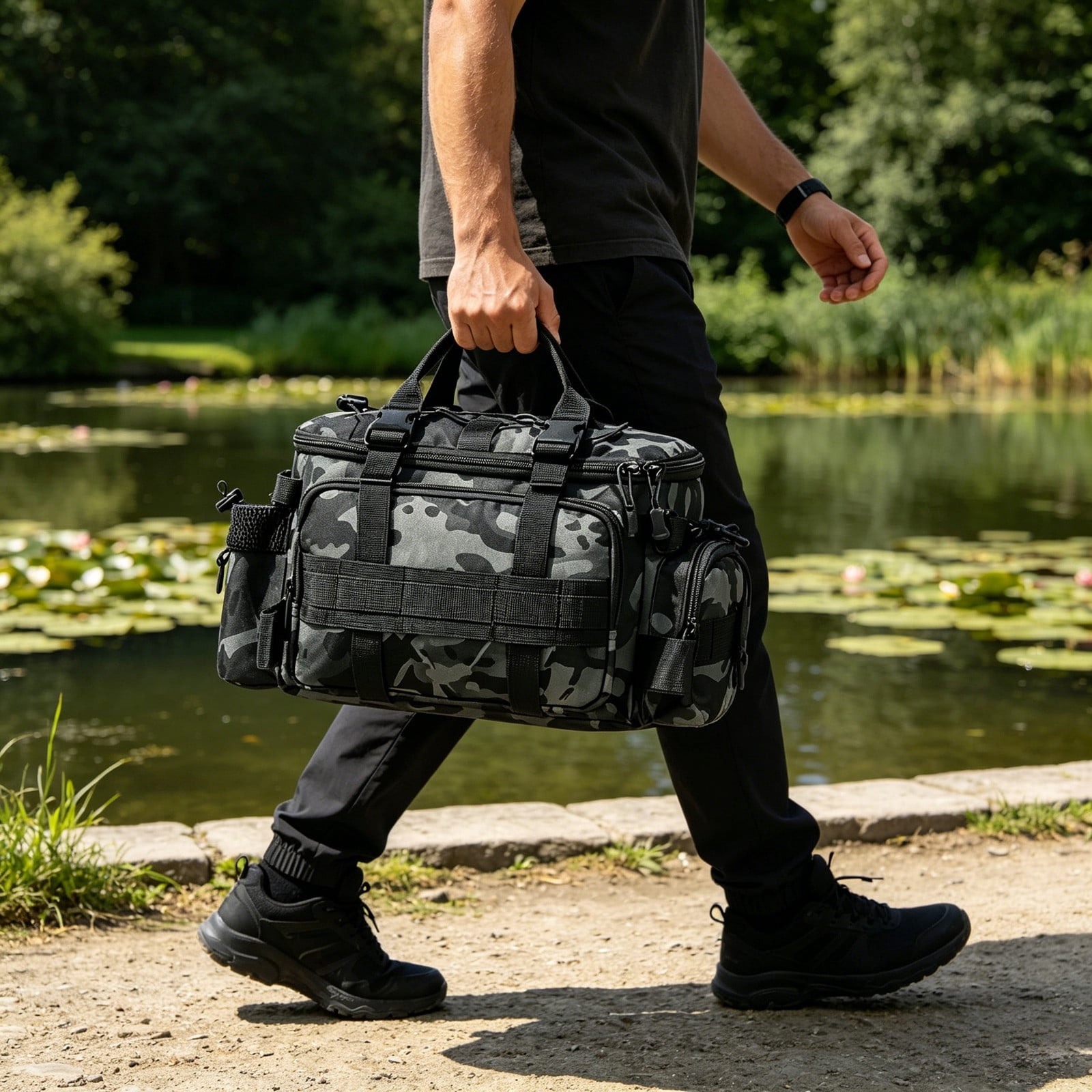 XINGXIANG-40cm Multifunctional Fishing Gear Bag Camo Durable Oxford Tackle Storage Bag with Adjustable Strap for Outdoor Sports (A)