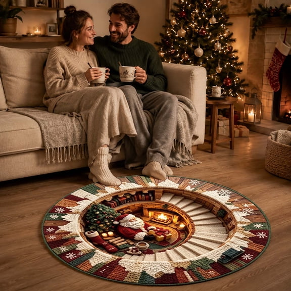 XINGXIANG - 47.2in Christmas 3D Optical Illusion Rug, Vortex Round Area Carpet | Indoor Entryway Floor Mat, Merry Santa Swirl , Magical Holiday Decor, Quilted Winter Throw (#B)