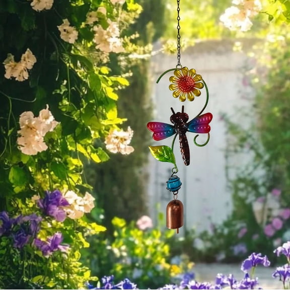 XINGXIANG-50cm Hand-Painted Dragonfly Wind Chime, 12.3cm Wide Decorative Bell Chime with Flower Leaf Design for Home Balcony Porch Decoration, Relaxing Wind Chime for Indoor Outdoor Use (C)