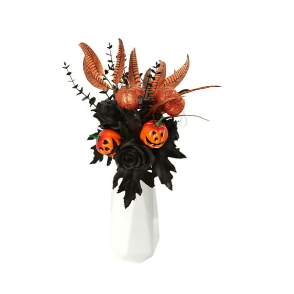XINGXIANG 55cm Yellow Pumpkin & Feather Arrangement - Halloween Flowers with Black Roses and Leaves, Dramatic Fall Centerpiece for Large Spaces,Halloween Floral Picks Decorations