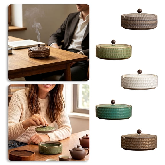 XINGXIANG - 5in Vintage Textured Covered Ceramic Ash Tray, Wind Resistant Sealed Container With Cigarette Slots For Coffee Table Counter Decor (B)