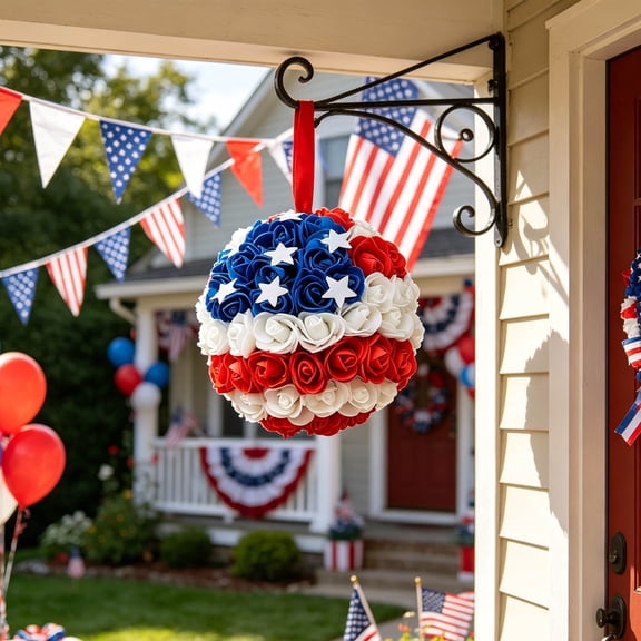 XINGXIANG - 7.5in Red White Blue Patriotic Rose Hanging Flower Ball, Star Accent Independence Day Pomander Ornament for 4th of July Front Door Wall Mantle & Holiday Indoor Party Decoration