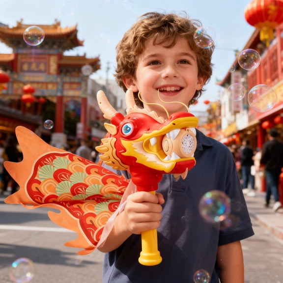 XINGXIANG Dragon Dance Bubble Blower,Kids Automatic Bubble Machine with Music LED Lights for Garden Party 50ml Tank New Year Decorations(E)