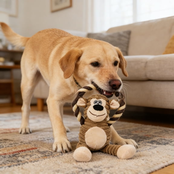 XINGXIANG Durable Monkey Dog Toy, Plush Squeaky Stuffed Dog Toy with Rope, Interactive Chew Toy for Teething Puppies and Small, Medium & Large Dogs(Brown)