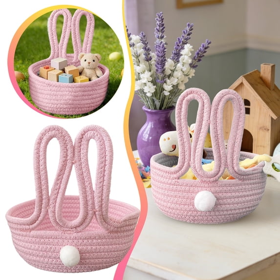 XINGXIANG Easter Basket Bunny Shaped Storage Basket, Rope Woven Organizer Basket for Keys, Jewelry, Small Items, Cute Holiday Desktop Catchall, Festive Home Decor(Pink)