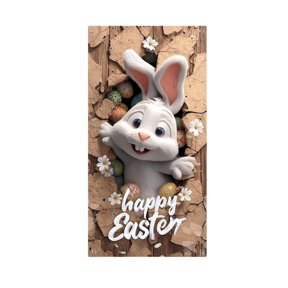 XINGXIANG Easter Door Banner 71x35 Inch Floral Easter Bunny Spring Door Cover for Porch Party Holiday Outdoor Indoor Home Decor Photo Booth Backdrop(Khaki)