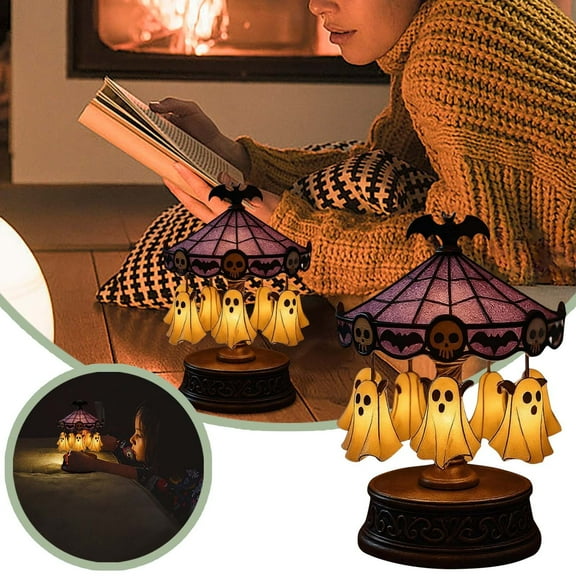 XINGXIANG Ghost Carousel Light, Halloween Desk Lamp Stained Glass Circus Tent Night Light, Halloween Light Up Ghost Night Light Decorations Indoor, with Ghosts Bats Skeletons Vintage Carved Base