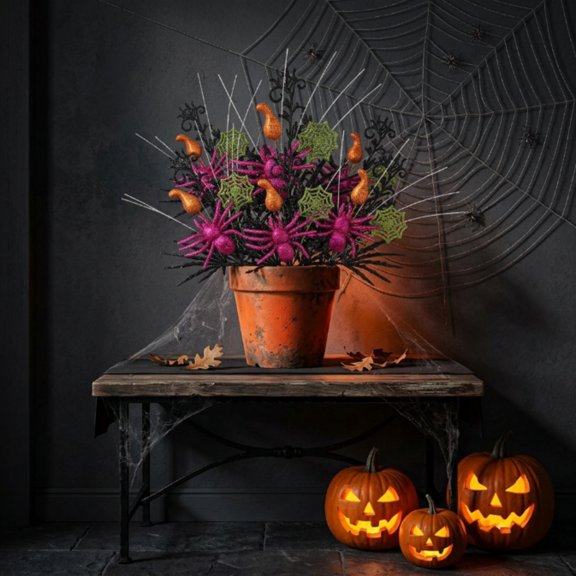 XINGXIANG - Glitter Black Halloween Spider Floral Stem 14.2 Inch Artificial Spider Web Pumpkin Ornament Pick Seasonal Holiday Vase Insert For Indoor Party Mantel Tabletop Decorations (B)