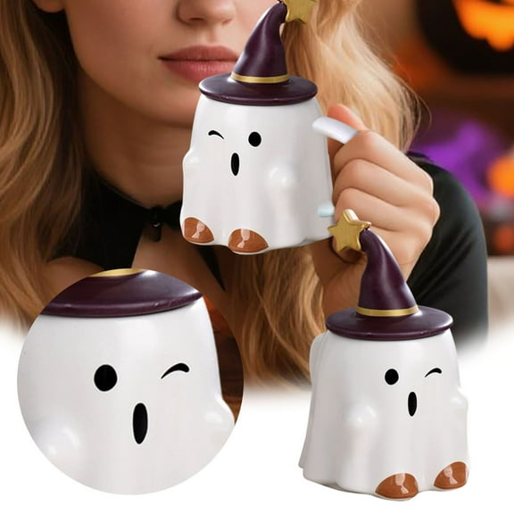 XINGXIANG Halloween Ceramic Mug with Purple Witch Hat - 16oz Cute Ghost Pumpkin Cartoon Coffee Cup, Novelty Gift for Halloween, Family Party & Morning Brew