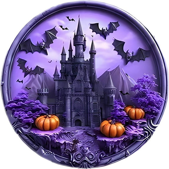 XINGXIANG Halloween Door Sign - 5 Style 11.8 Inch Wooden Circle Plaque with Raven, Castle, Skeleton, Witch Cat Decor,Halloween Decorations Bedroom,Halloween Door Decorations