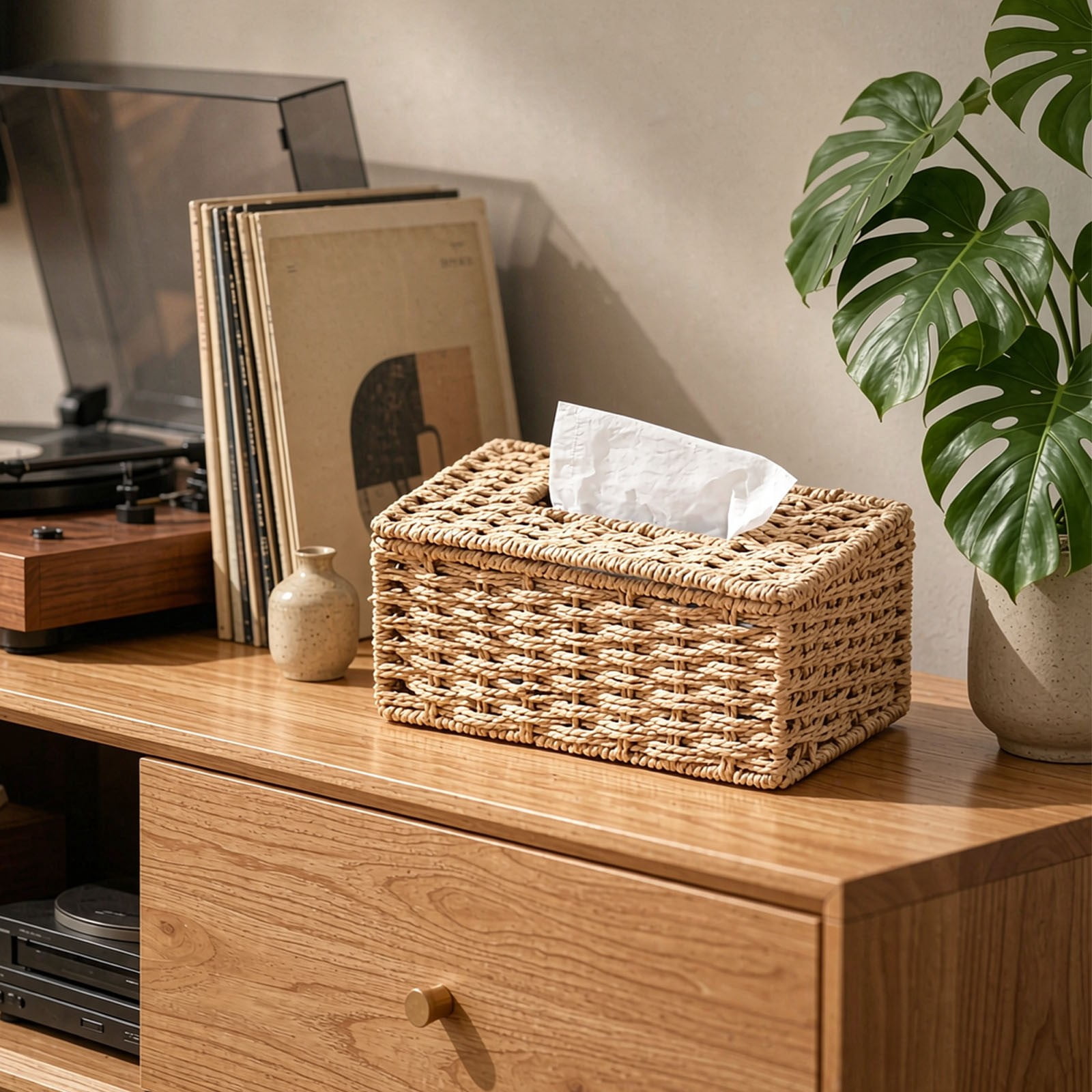 XINGXIANG - Khaki Woven Tissue Box Cover Rectangle Tissue Box Holder (M ...