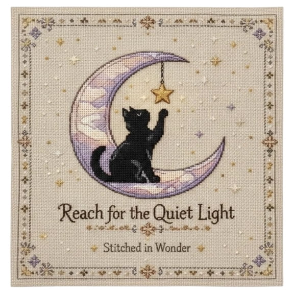 XINGXIANG Moonlit Cat Cross-Stitch Kit: Stamped Embroidery Kit for Beginners & Adults Features a Sleeping Yellow & White Kitten on a Crescent Moon 10.0 x 10.0 Inch Craft Project(C)