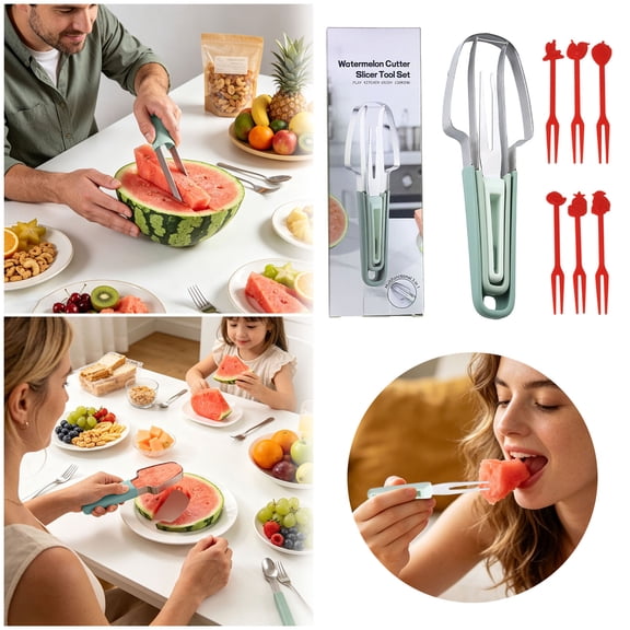 XINGXIANG-Multi-Function Fruit Cutter with Forks, Stainless Steel Melon Cutter & Carving Tool for Kitchen Fruit Preparation (B)
