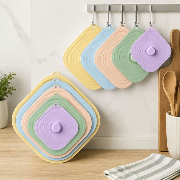 XINGXIANG - Multi Size Square Silicone Seal Lids Set (Max 30cm Wide), 5pcs Stretch Suction Food Covers For Microwave Freezer Kitchen Storage Use