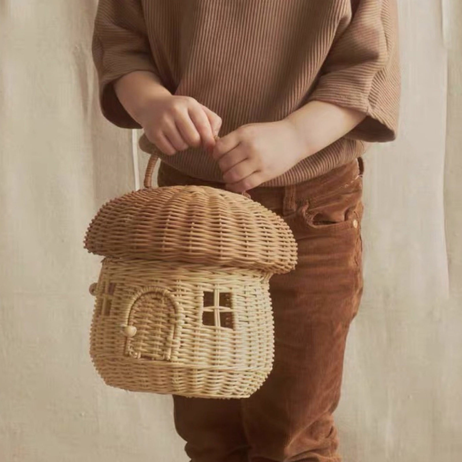 XINGXIANG Mushroom Basket with Lid,Easter Basket for Kids, Mushroom Storage Basket,Handmade Rattan Basket,Portable Picnic Basket,Woven Shelf Organizer for Doll House,Home Decoration(Square)