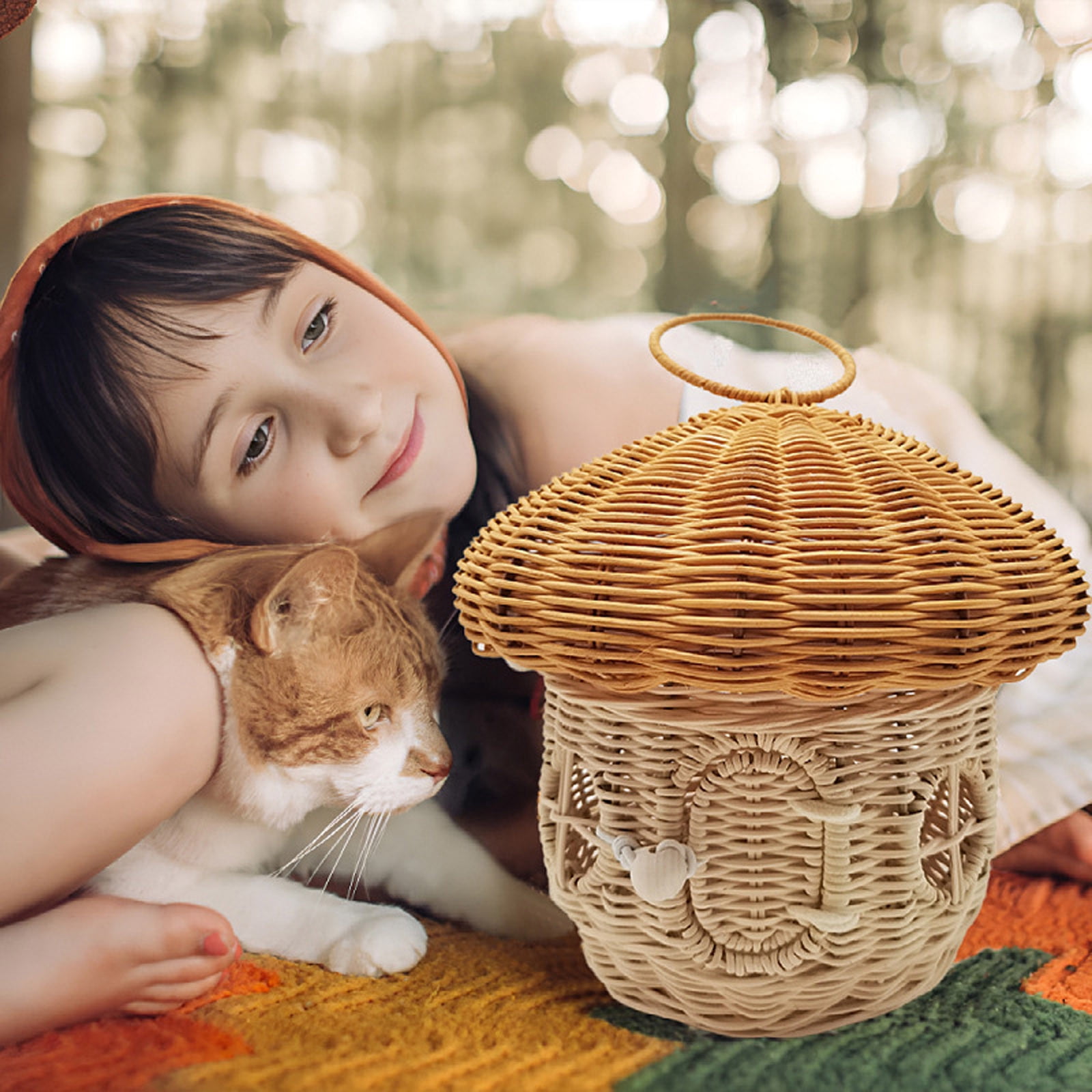 XINGXIANG Mushroom Basket with Lid,Easter Basket for Kids, Mushroom Storage Basket,Handmade Rattan Basket,Portable Picnic Basket,Woven Shelf Organizer for Doll House,Home Decoration(Round)