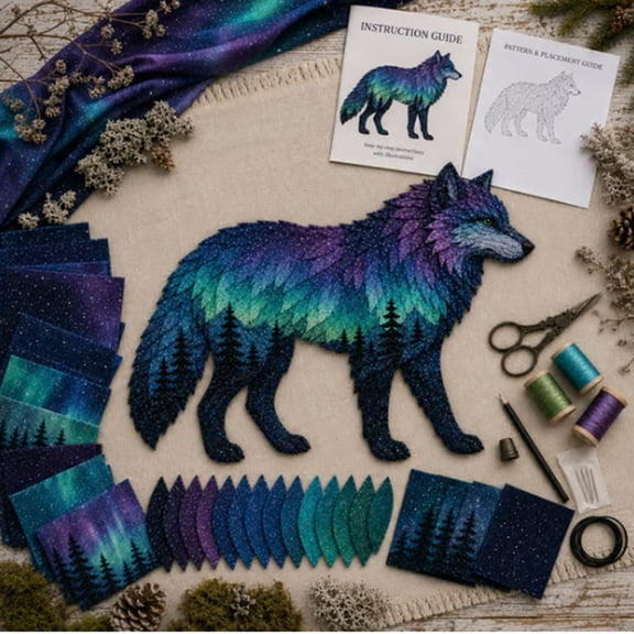 XINGXIANG - Northern Lights Wolf Felt Applique DIY Craft Kit, Complete Sewing Supplies & Pattern Guide, Fabric Art Handcraft Set for Indoor Wall Decor & Adult DIY Projects (Style C)