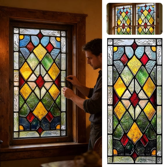 XINGXIANG Privacy Windows Film Diamond Style Stained Glass No Glue Static Cling Decorative Frosted Window Stickers 33.46" x14.96(85x38cm)(L x W)