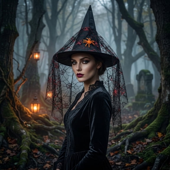 XINGXIANG - Sheer Spider Web Veil Witch Hat 22×10 Inch Lightweight Halloween Adult Headpiece Black Hat With Orange Spider Skull Detail For Fall Party Decor Accessory