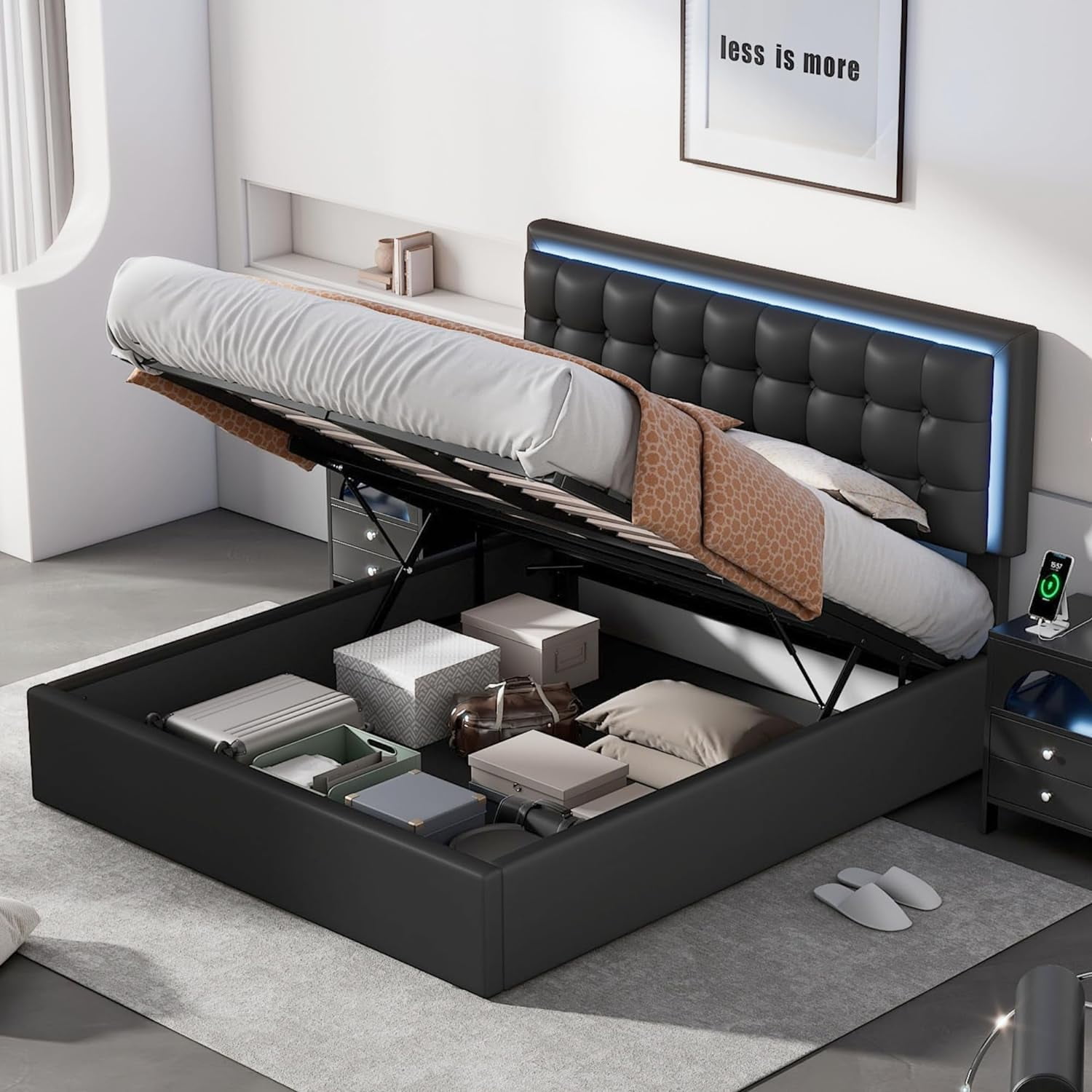 XINHAO Queen Bed with Storage, LED Lights,Modern Tufted Upholstered ...